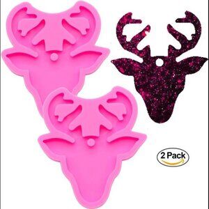 2 Pcs Glossy Shiny Deer Heads with Antlers Keychain Silicone Mold with Hole for